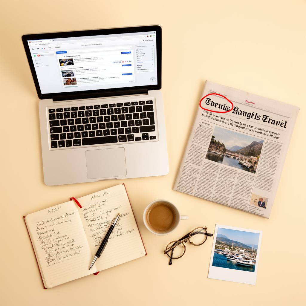 A press desk, laptop, notebook and travel-page clipping